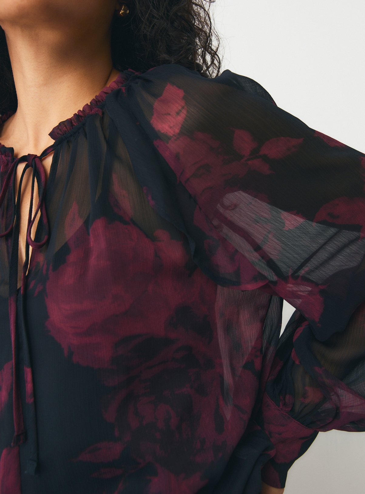 Burgundy Blurred Floral Frill Blouse 16 - Image 3 thumbnail